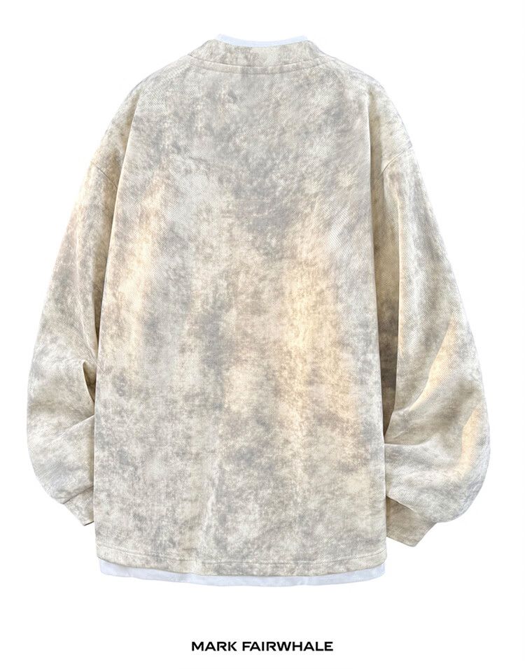 MARK FAIRWHALE Men's Hoodie Spring Autumn American Style Fake Two-Piece Tie-Dye Casual Base Shirt Khaki 3XL 12