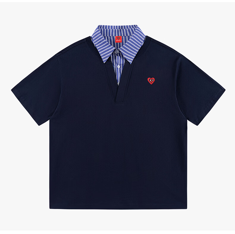 Charles Peach Heart Summer Premium Striped Collar Small Heart Couple Casual Short Sleeve Polo Shirt Navy Blue L 8