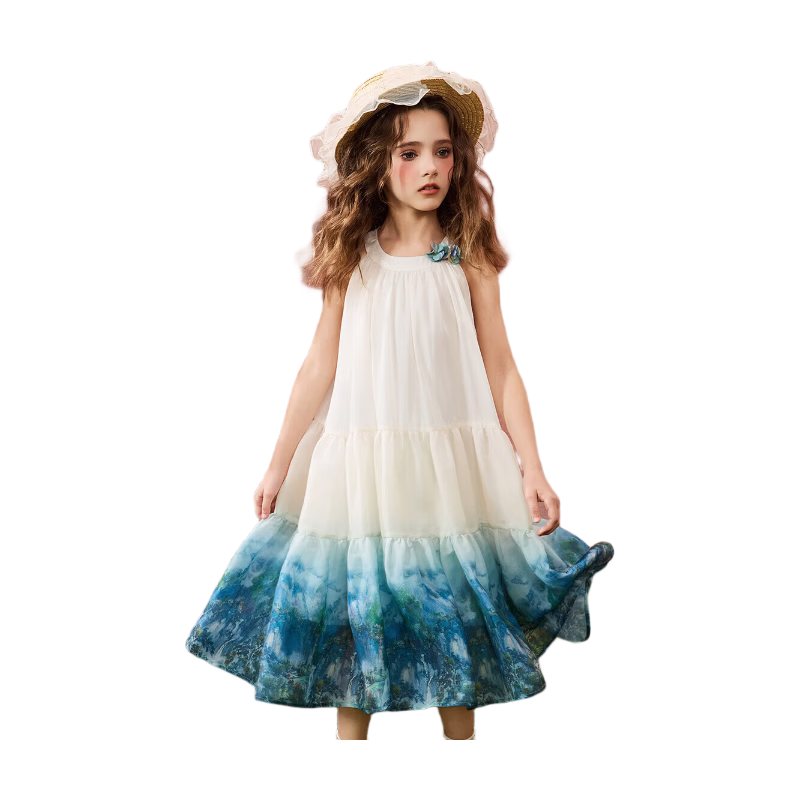 ASK JUNIOR Children's Summer Ink Wash Tie-Dye Dress Girls Vacation Style Spaghetti Strap Princess Dress