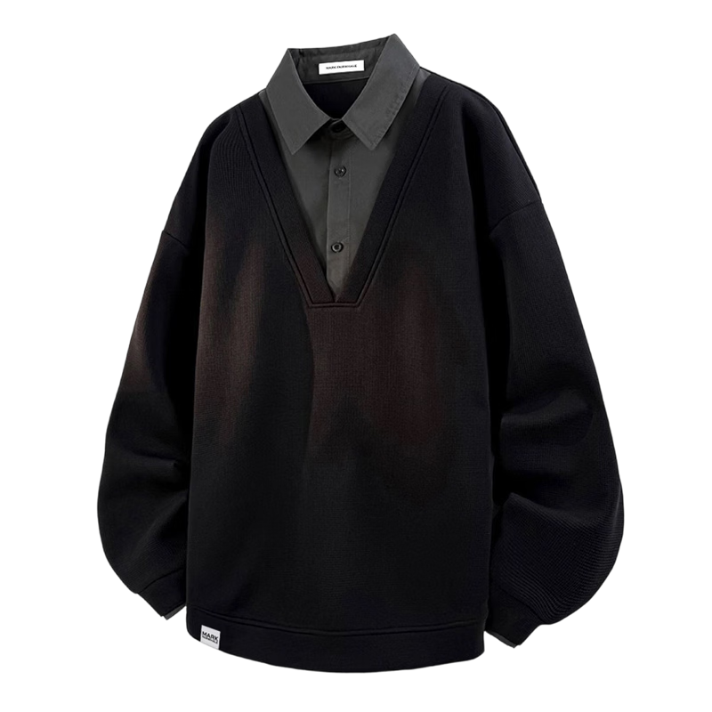 MARK FAIRWHALE Men's Sweatshirt Spring and Autumn Fake Two-Piece Trendy Polo Collar T-Shirt Hong Kong Style Loose Casual Sweatshirt Apricot 2XL