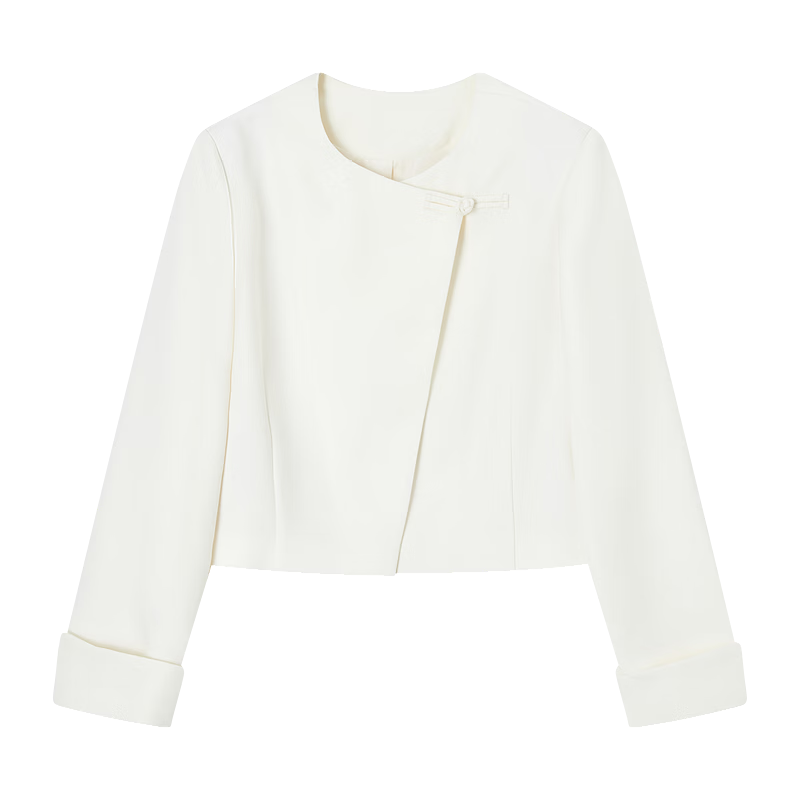 Demana Cream Mousse Spring Gentle Atmosphere Asymmetric Collar Button Design Short Petite Women's Jacket