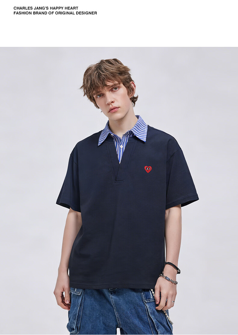 Charles Peach Heart Summer Premium Striped Collar Small Heart Couple Casual Short Sleeve Polo Shirt Navy Blue L 5