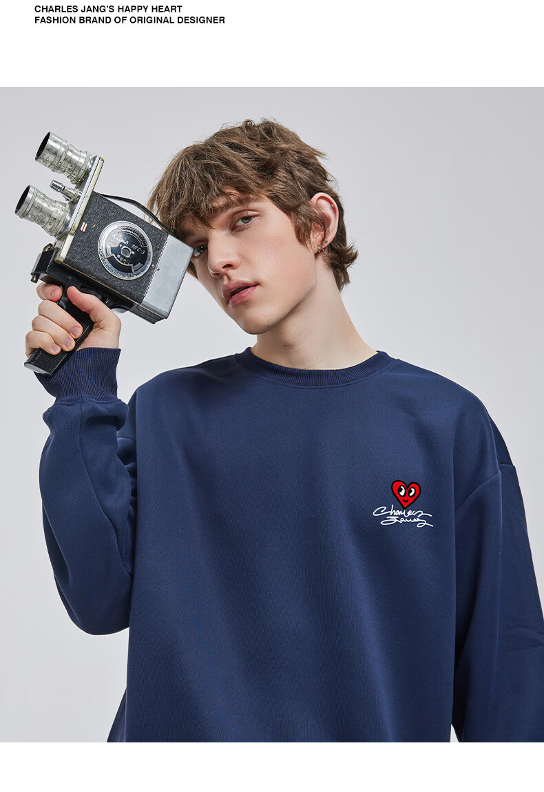 Charles Heart Sweatshirt Unisex Couple Casual Crewneck Love Heart Print Loose Fit Youth Simple Top Khaki 2XL 11