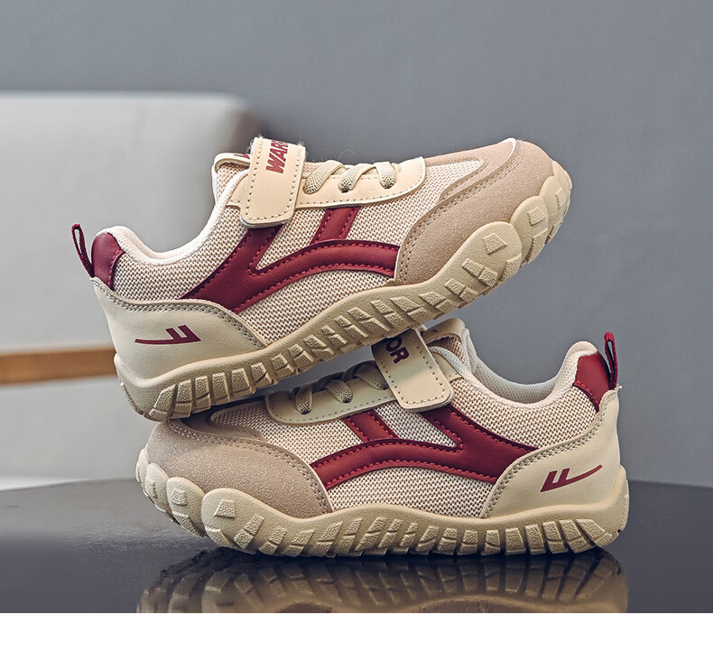 Warrior Kids Sports Shoes Children's Velcro Training Shoes Boys Lightweight Running Shoes WZ-2093 Dark Beige Wine Red Size 32 19