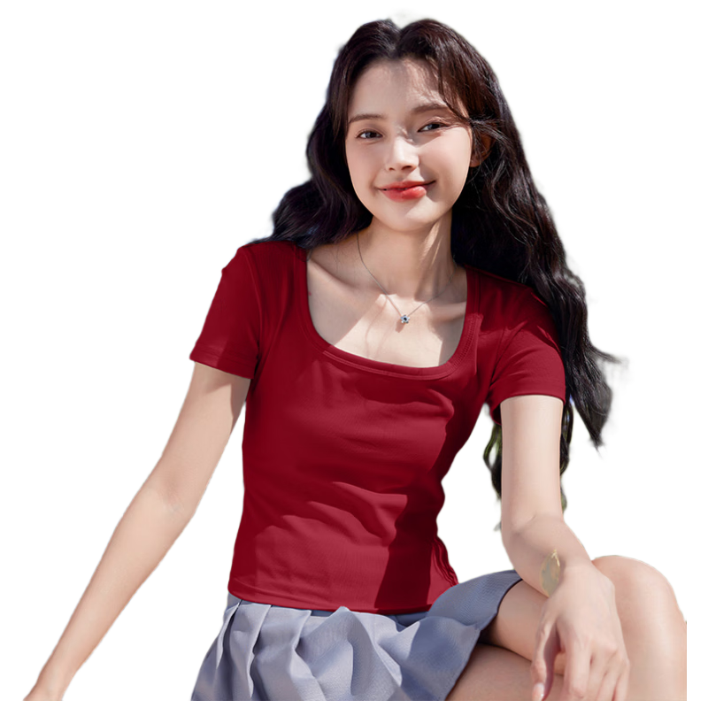 Baleno Square Neck Slim-Fit Short-Sleeve T-Shirt for Women, New Summer 2026 Style, Casual Travel Outfit, Fashionable Versatile Comfortable Elegant Top