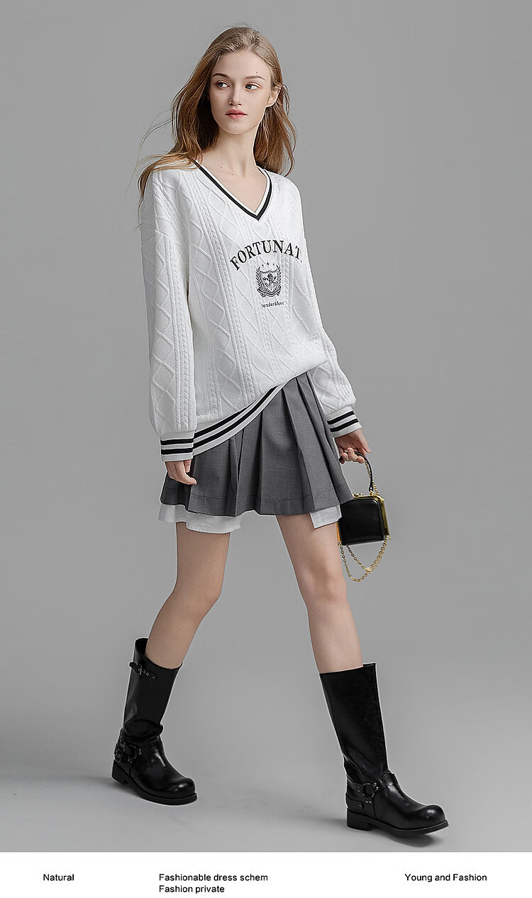 Demana British College Style Spring Autumn New V-Neck Drop Shoulder Long Sleeve Letter Color-Block Embroidered Striped Sweatshirt for Women 2
