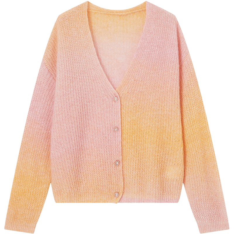 Demana Spring Irregular Gradient V-Neck Slim Knit Cardigan with Wool and Mohair for Petite Women