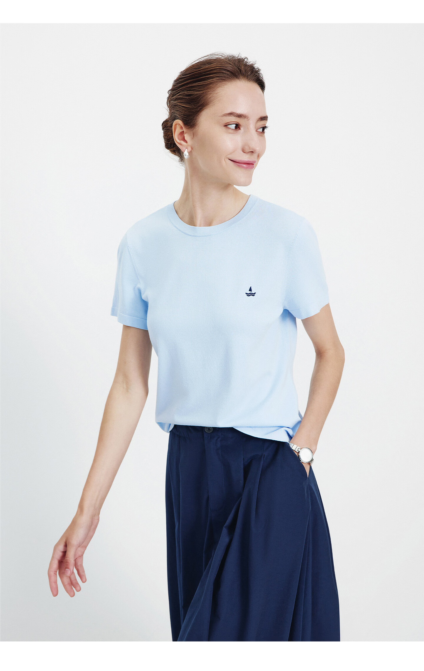Navigare Small Sailboat Basic Short Sleeve T-Shirt Women 2026 New Round Neck Solid Color Knit Top 2325506507 68