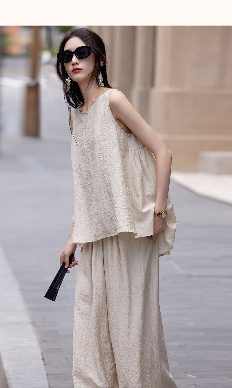 Demana [Simple Heart] Summer Cool Sensation Artistic Style Set Sleeveless Top Elastic Waist Casual Pants Two-Piece Set for Women 11