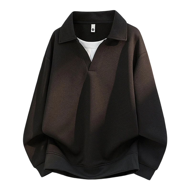 JEEP SPIRIT Men's Heavyweight Waffle Knit Sweatshirt Casual Spring Fake Two-Piece Long Sleeve T-Shirt Black 3XL