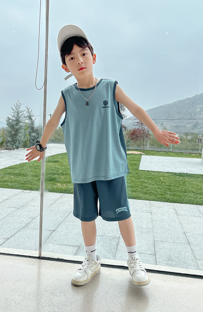 Zuo Xi Boys Quick-Dry Sports Vest Set 2026 New Summer Children's Mesh Moisture-Wicking Short Sleeve Mint Green 150 32