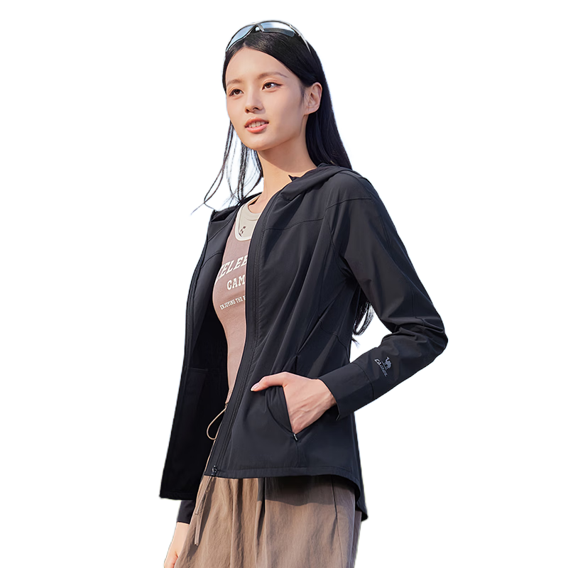 CAMEL Women's Sports Sun Protection Jacket Ice Cool Quick-Dry Outdoor Slim Fit Hooded Coat C26BZ0L7046 Phantom Black XXL