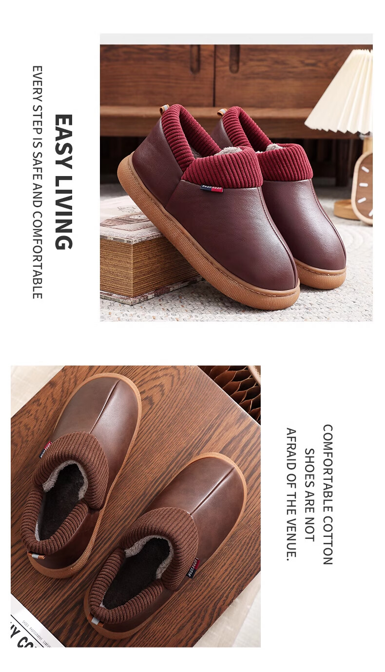 GUOLUOFEI Elderly Non-Slip Cotton Shoes with Heel, Fleece-Lined Warm Waterproof Slippers for Middle-Aged And Elderly Parents, Wine Red, Size 36-37 12