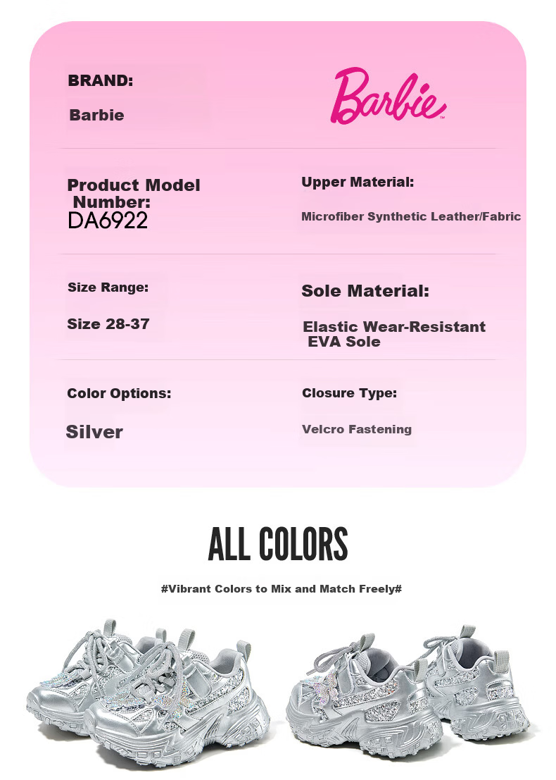 Barbie Girls' Sports Shoes Autumn Winter Cotton Shoes Girls' Fleece Lined Dad Sneakers Girls' Tire Shoes DA6922 Silver Size 28 7