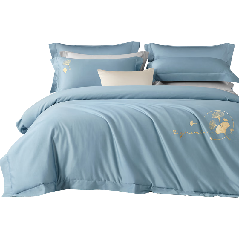 Boyang Home Textiles 60-Count Xinjiang Long-Staple Cotton Four-Piece Set Luxury Pure Cotton Bedding Sheet and Duvet Cover 1.5m Bed Ginkgo Blossom Blue