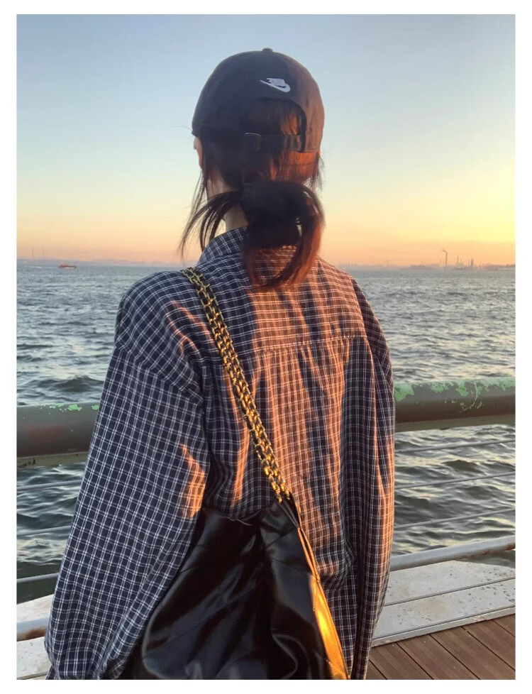 ICH MODE "Plaid Collector" Korean Retro Casual Black and White Plaid Long Sleeve Shirt Spring Autumn Shirt Silver Gray L 10