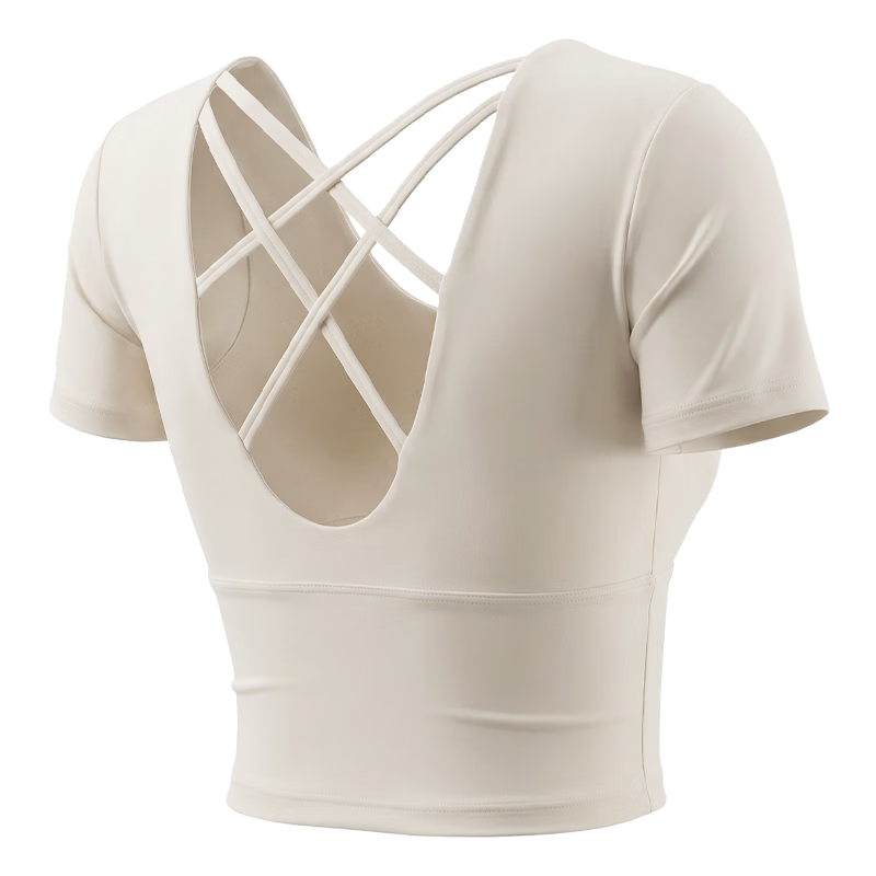 XUEXIMAN Women's Quick-Dry Yoga Top T-Shirt Pilates Training Backless Sportswear with Chest Pad Short Sleeve Fitness Shirt