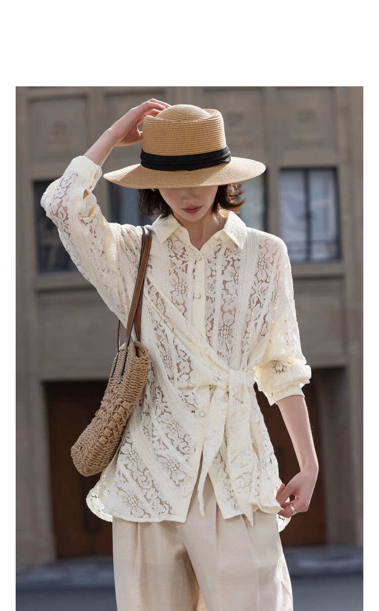 Demana Lace Whisper Spring Cloud Soft Cotton Korean Style Lapel Irregular Tie Hollow Asymmetric Women's Shirt 11