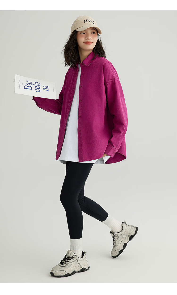 Dme Vintage Washed Spring Elegant Magenta Loose Fit Turndown Collar Long Sleeve Blouse for Women, Purple-Red, Size M 14