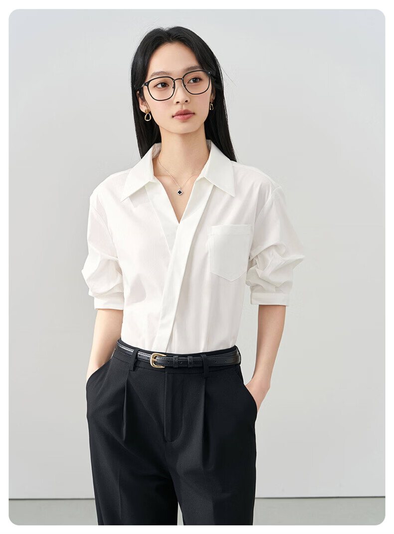 Jeanswest Women's Summer V-Neck French Style OL High-End Inner Wear Commuting Professional White Short Sleeve Shirt L 17