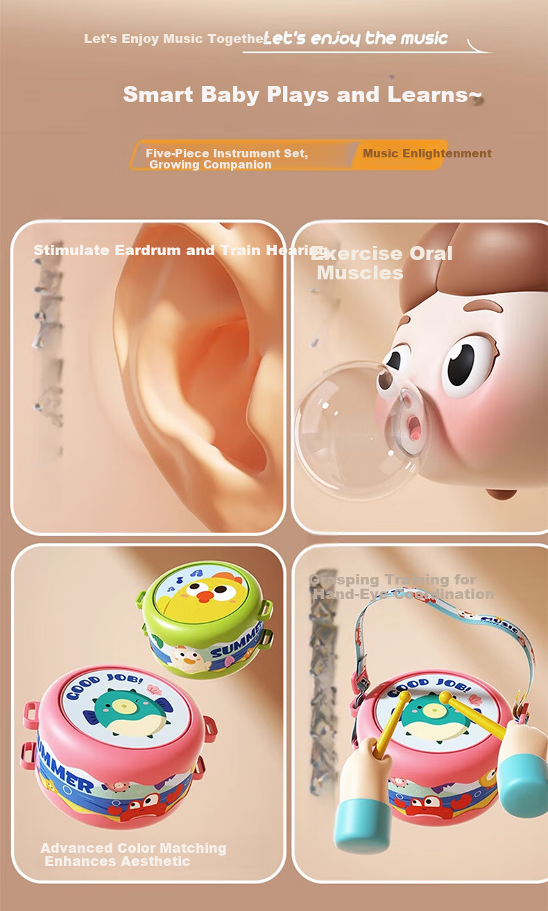 COOKSS Baby Hand Drum 0-1 Year Old 3-6+ Months Children's Percussion Instrument Infant Tambourine Rattle Toy 3