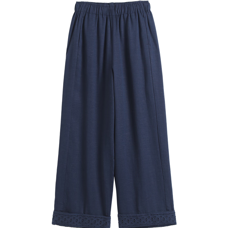 Demana [with Linen Lyocell] Spring Forest Style High-Waist Drawstring Lace Trim Spliced Women's Nine-Point Casual Pants