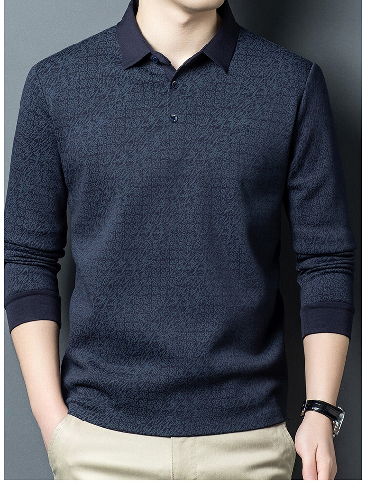 Edenbo Men's Long Sleeve Fleece-Lined Polo Shirt Autumn Winter Full Print Warm Top Dark Blue 180/96A (2XL) 15