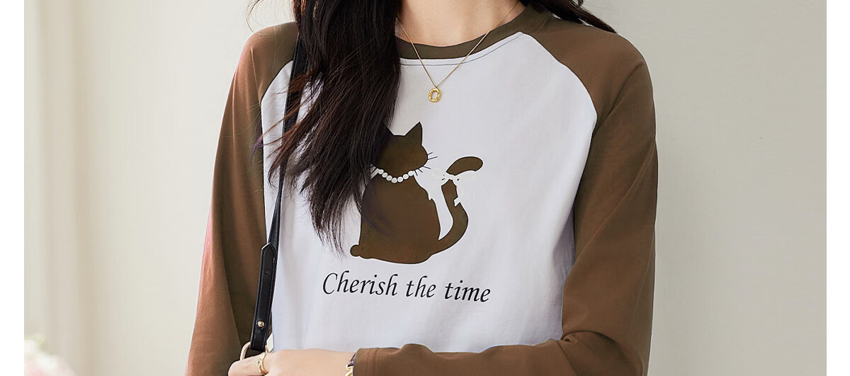 Pincai Women's Long Sleeve T-Shirt Cute Cat Print Colorblock Crew Neck Raglan Sleeve Trendy Top P143T2027 23