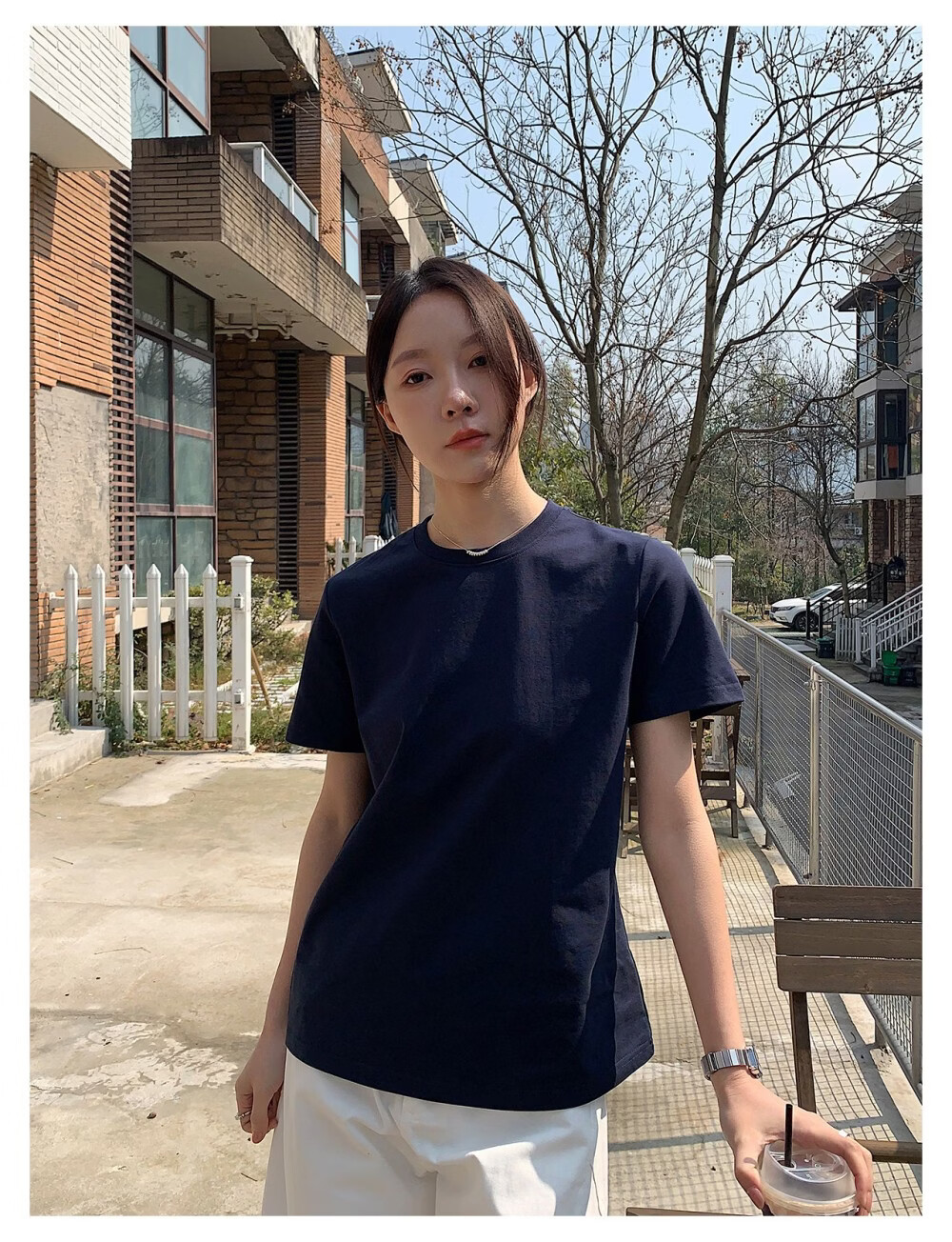 ICH MODE Minimalist Paper Doll Short Sleeve Women's T-Shirt Summer Simple Cool Base Shirt Solid Color White S 31