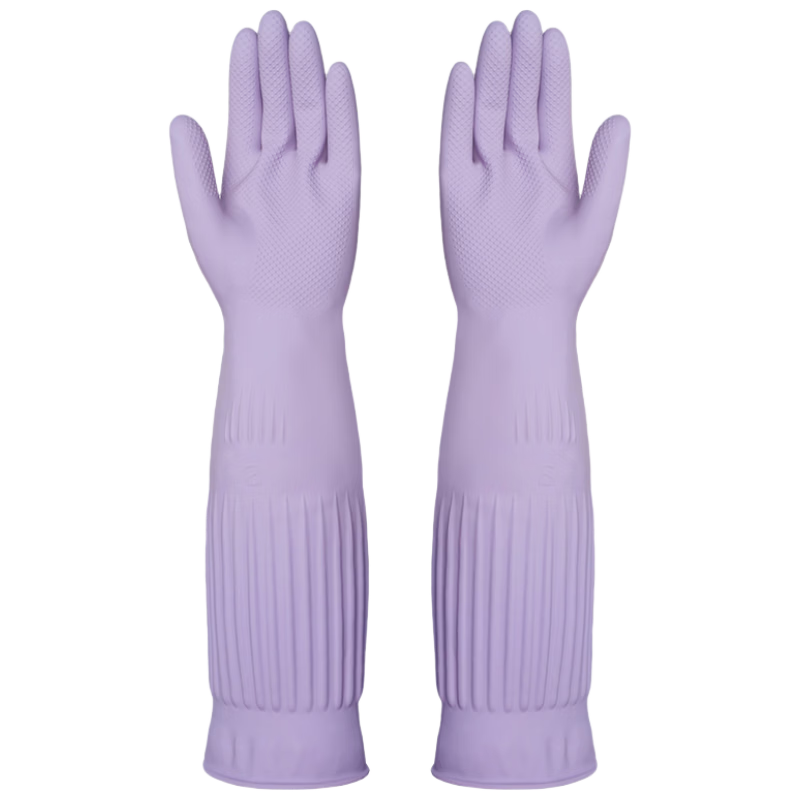 Titanfine Extended Natural Latex Gloves Cloud Soft Protective Sleeves 1 Pair Size M Purple for Dishwashing Kitchen Laundry Household Use