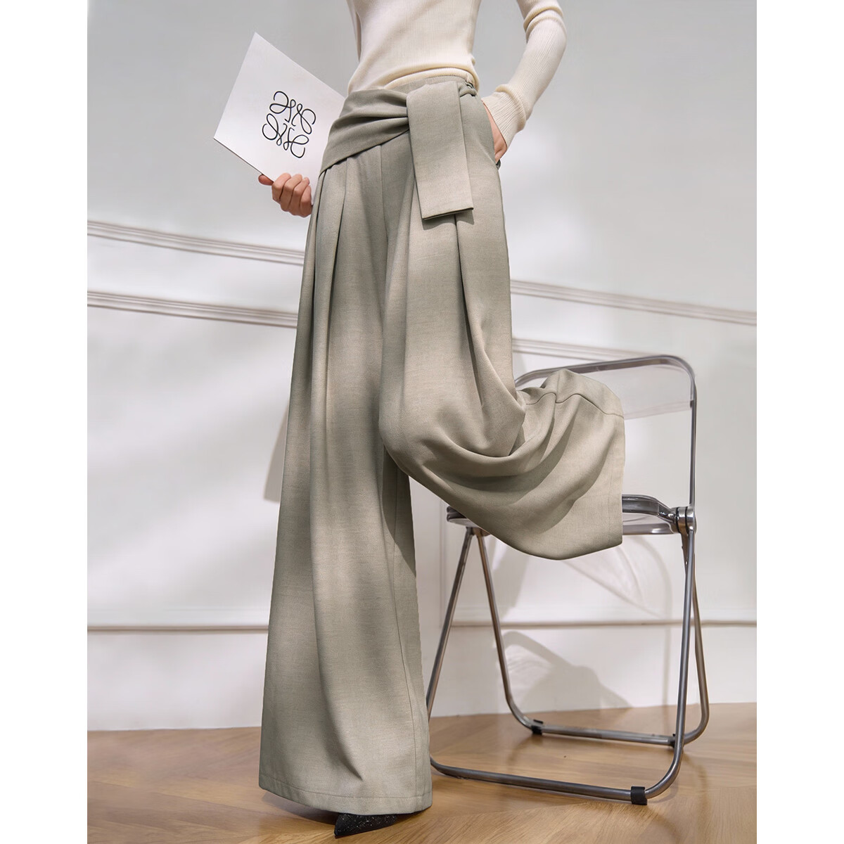 Demana Layered Style CP Spring Fake Two-Piece Tie-Waist Pleated Petite Loose Women's Wide-Leg Casual Pants