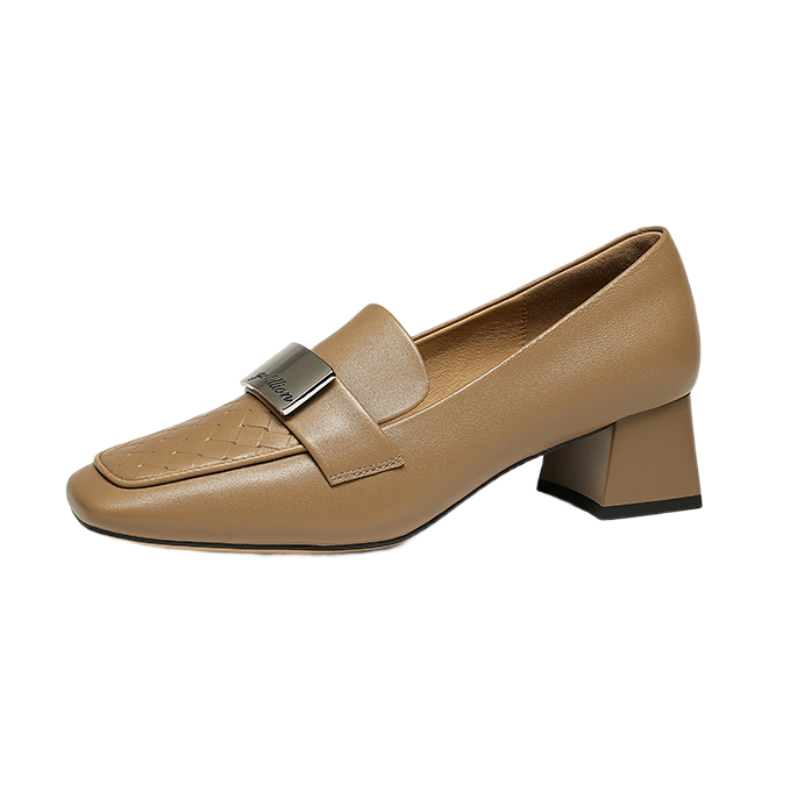 Goldlion Women's Shoes, Comfortable Chunky Heel, Commuter Sheepskin Loafers, Retro Square Toe Deep-Mouthed Flats, G686510176, Apricot Color, Size 37