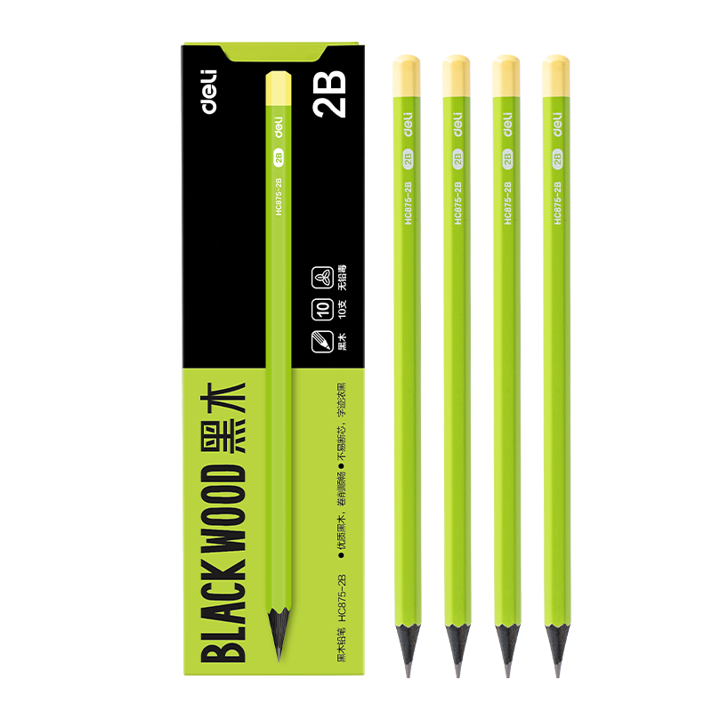Deli 10-Pack 2B Black Wooden Hexagonal Green Pencil Eye Protection Writing Pencil Graphite Core Non-Toxic Student Practice Homework Exam Card Marking School Stationery