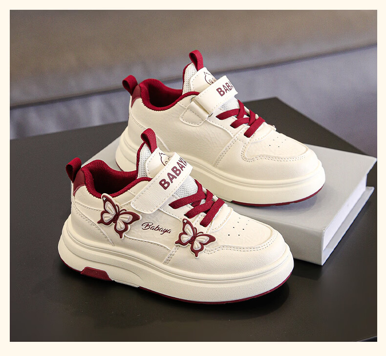 Baba Duck Girls' Shoes Four Seasons Versatile White Sneakers for Older Kids Casual Sports Children's Shoes 51825 Beige Wine Red Size 34 7