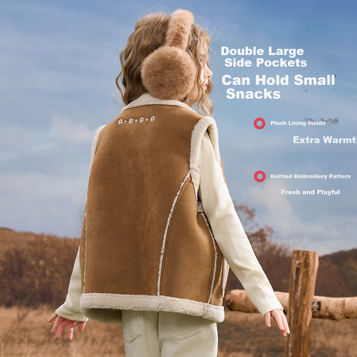 ASK JUNIOR Kids Suede Fleece Vest Spring Mid-Season Girls Colorblock Fleece Jacket Brown Size 110 2