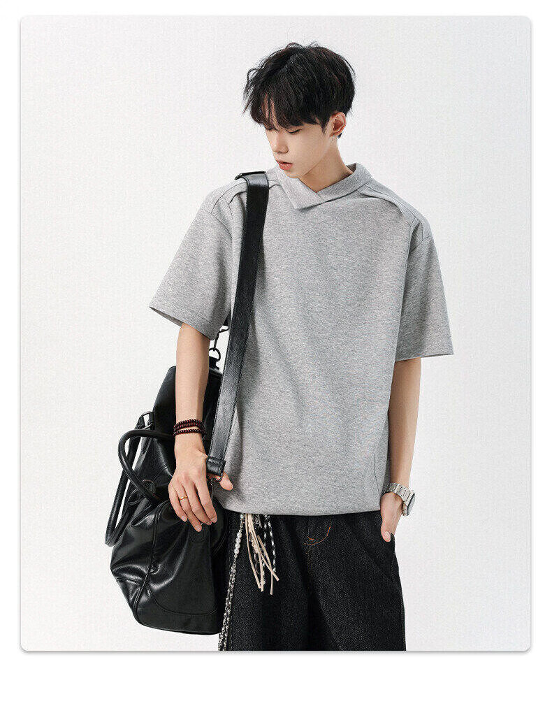 Foss Phil Premium Deconstructed Collar T-Shirt Men Summer Irregular Design Polo Shirt Short Sleeve DT54401 Light Gray XL 8