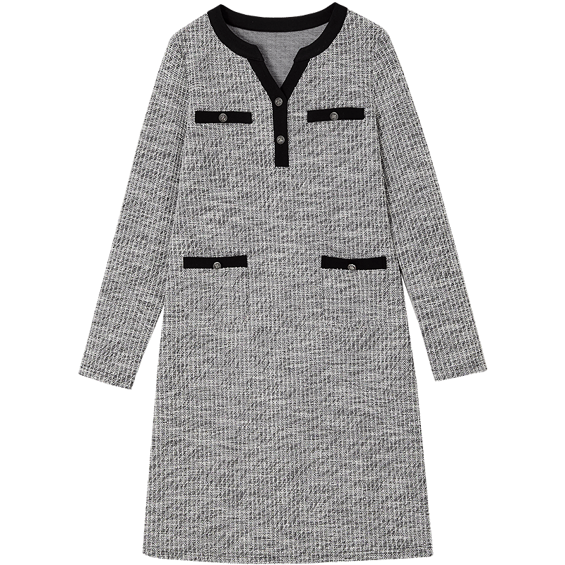 Demana [Smart Sensory Woman] Spring Small Fragrance Style Color-Block V-Neck Faux Pocket Long Sleeve Petite Women's Dress