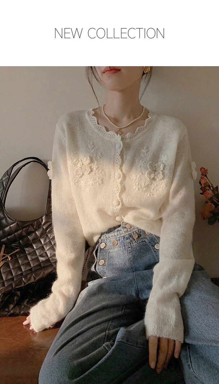 MT [Qiju Yunxu] Spring Gentle Style 3D Crochet Cardigan with Decorative Edging Soft Knit Women's Top 1
