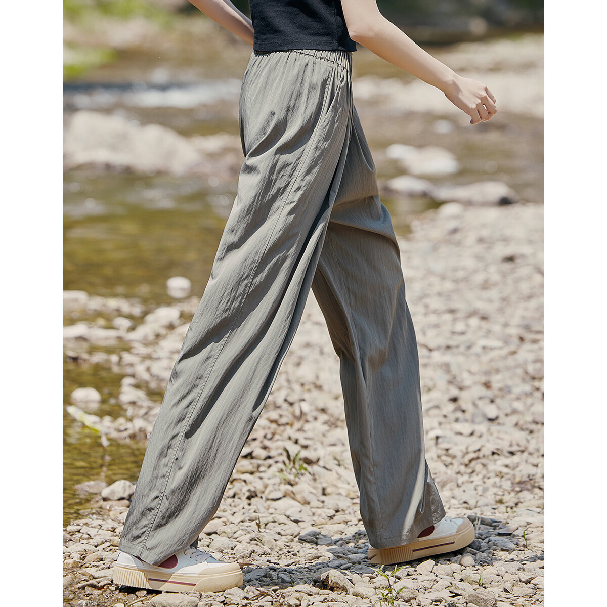 Demana Ash Gray Casual Pants Summer Loose Comfortable Elastic Waist Wide Leg Long Pants for Women