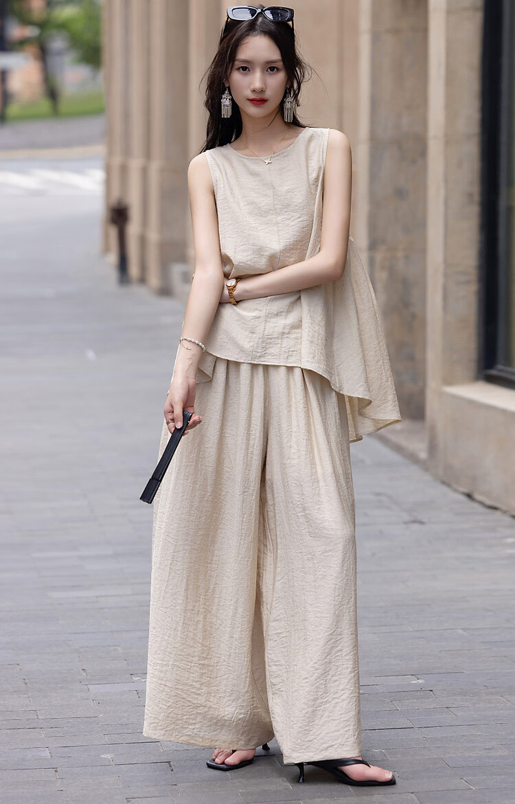 Demana [Simple Heart] Summer Cool Sensation Artistic Style Set Sleeveless Top Elastic Waist Casual Pants Two-Piece Set for Women 9