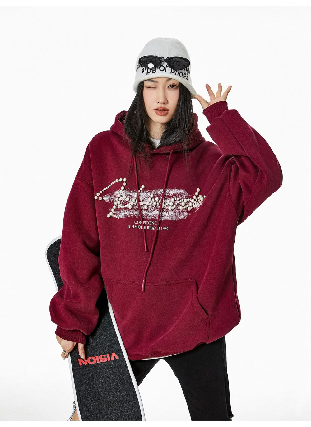 ICH MODE American Style Gray Hoodie Women 2026 Spring New Loose Casual Pullover Jacket White S 29