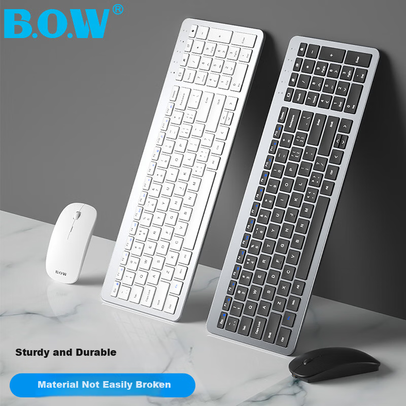 B.O.W Hangshi HW198DL-2 Rechargeable Ultra-thin Wireless Keyboard and Mouse Set for Laptop Desktop External Silent USB Small Business Office Home Use Silver White