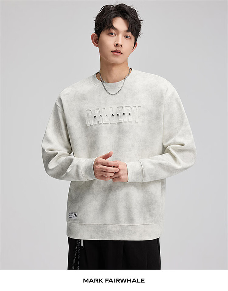 MARK FAIRWHALE Tie-Dye Sweatshirt Men Spring Trendy Brand Crewneck Heavyweight Long Sleeve T-Shirt Base Layer Rock Gray 3XL 14
