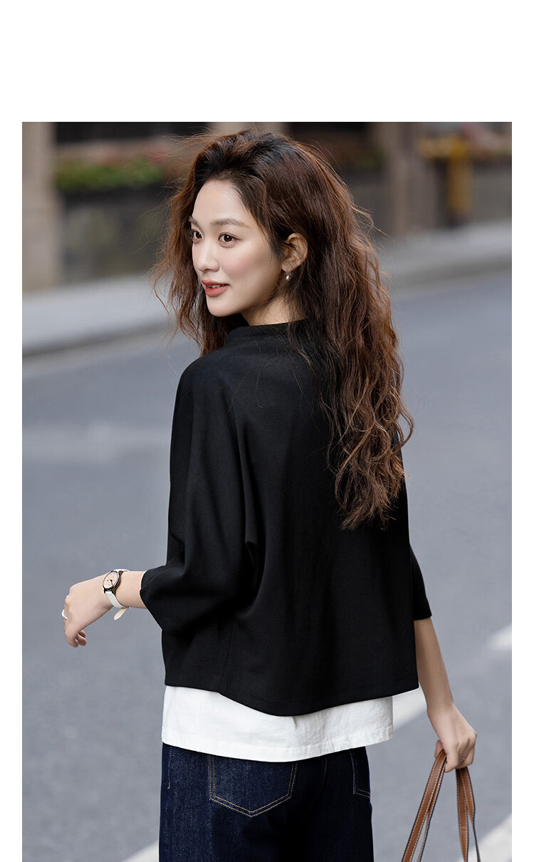 Demana Sandwashed Air Layer Spring Stand Collar Raglan Mid-Sleeve Loose Fit Petite Women's Sweatshirt 16