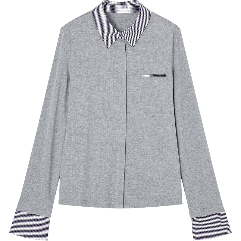Demana Intellectual Spring Colorblock Spliced Lapel Fake Pocket High Elastic Petite Women's Shirt