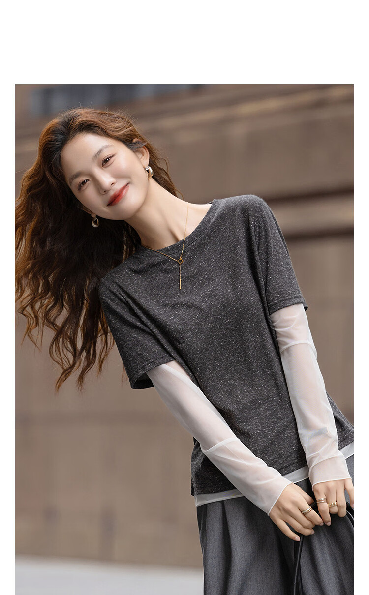 Demana Breathable Linen Spring Simple Colorblock Crew Neck Slim Fit Stretchy Women's T-Shirt 3