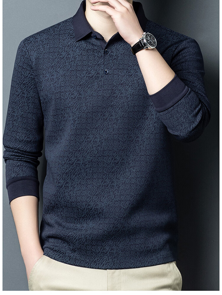 Edenbo Men's Long Sleeve Fleece-Lined Polo Shirt Autumn Winter Full Print Warm Top Dark Blue 180/96A (2XL) 16