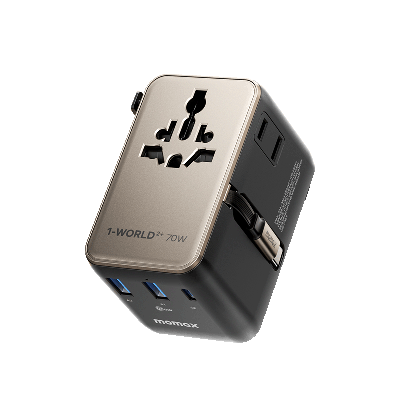 MOMAX 70W Dual AC Retractable Global Travel Adapter Universal International Converter for UK US EU AU DE JP