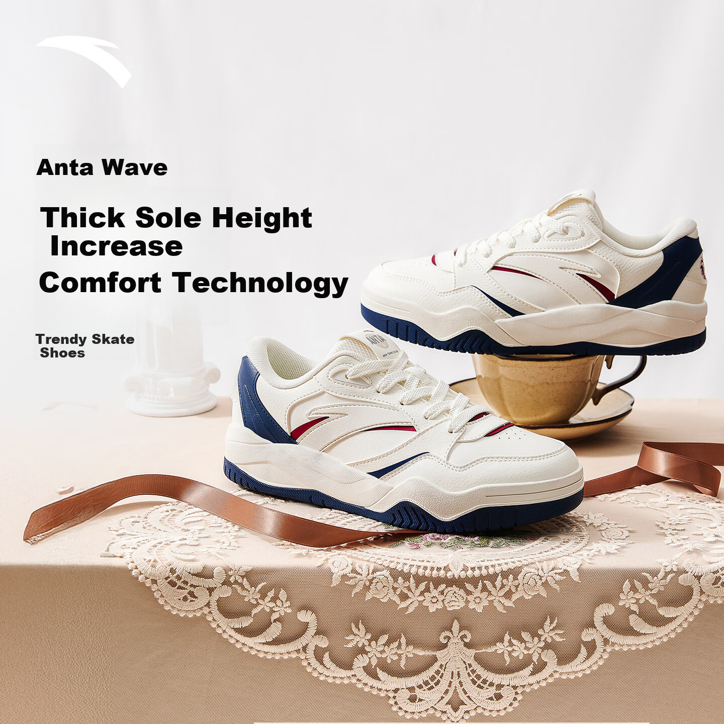Anta Wave Shoes 4 | Retro Colorblock Fashion Sneakers for Women Winter Leather Warm Height-Increasing White Casual Sports Shoes
