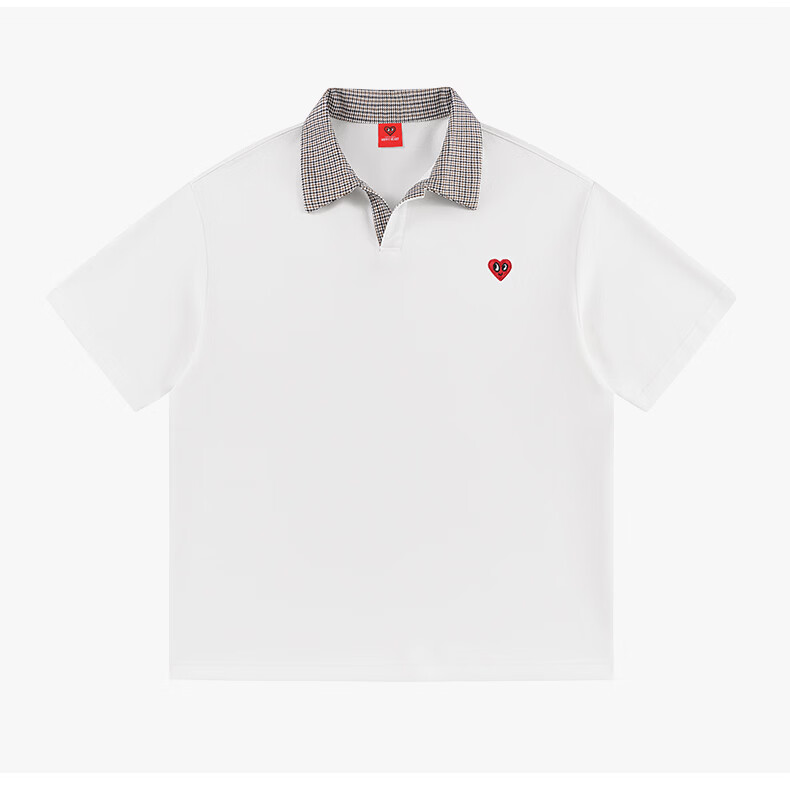Charles Peach Heart Summer Small Heart Color-Block Breathable Cotton-Padded Couple Casual Unisex Short Sleeve Polo Shirt Off-White XS 16